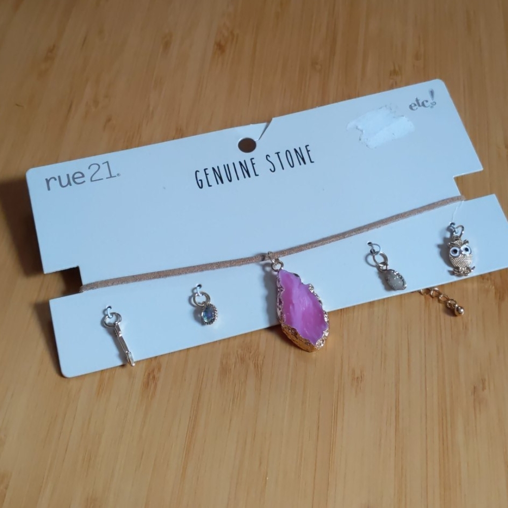 Choker leather pink quartz with charms necklace